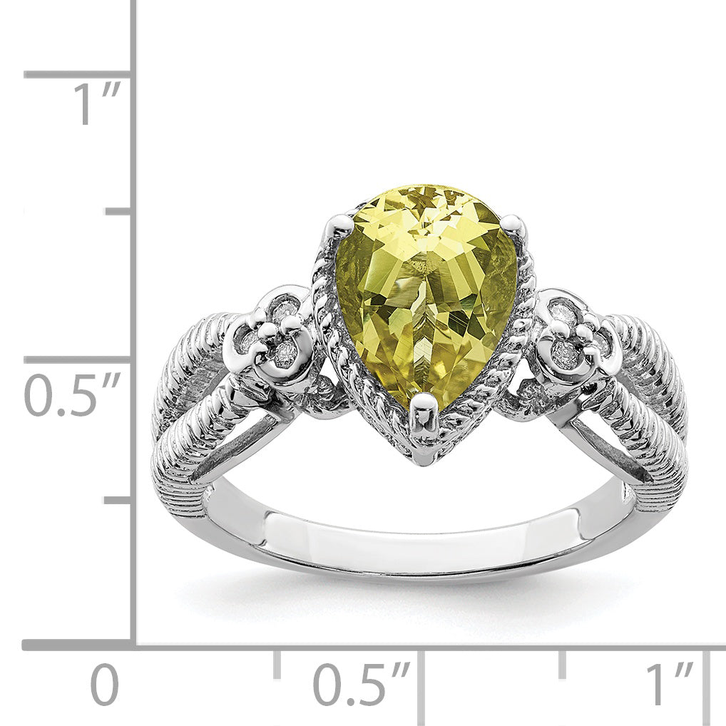 Sterling Silver Rhodium Lemon Quartz & Diamond Ring