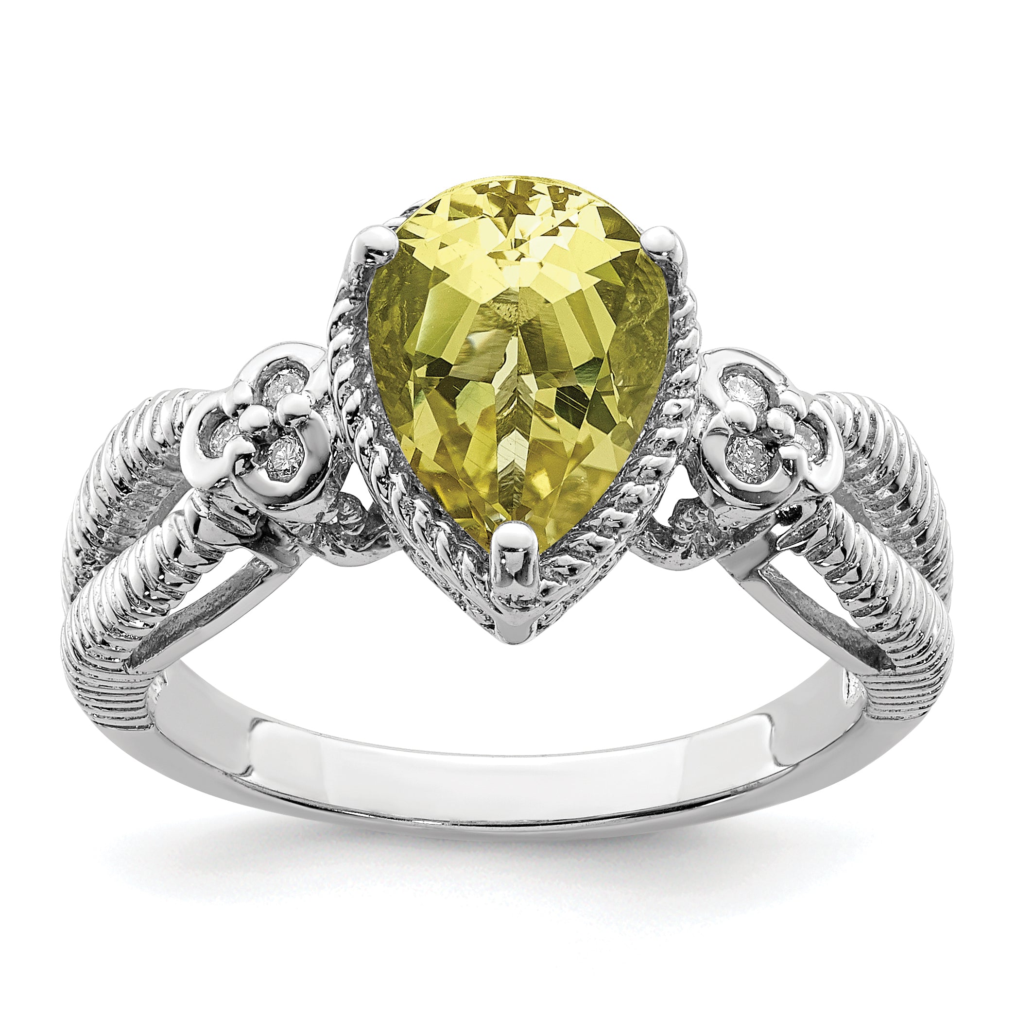 Sterling Silver Rhodium Lemon Quartz & Diamond Ring