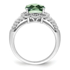 Sterling Silver Rhodium Checker-Cut Green Quartz & Diamond Ring