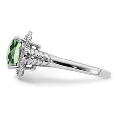 Sterling Silver Rhodium Checker-Cut Green Quartz & Diamond Ring