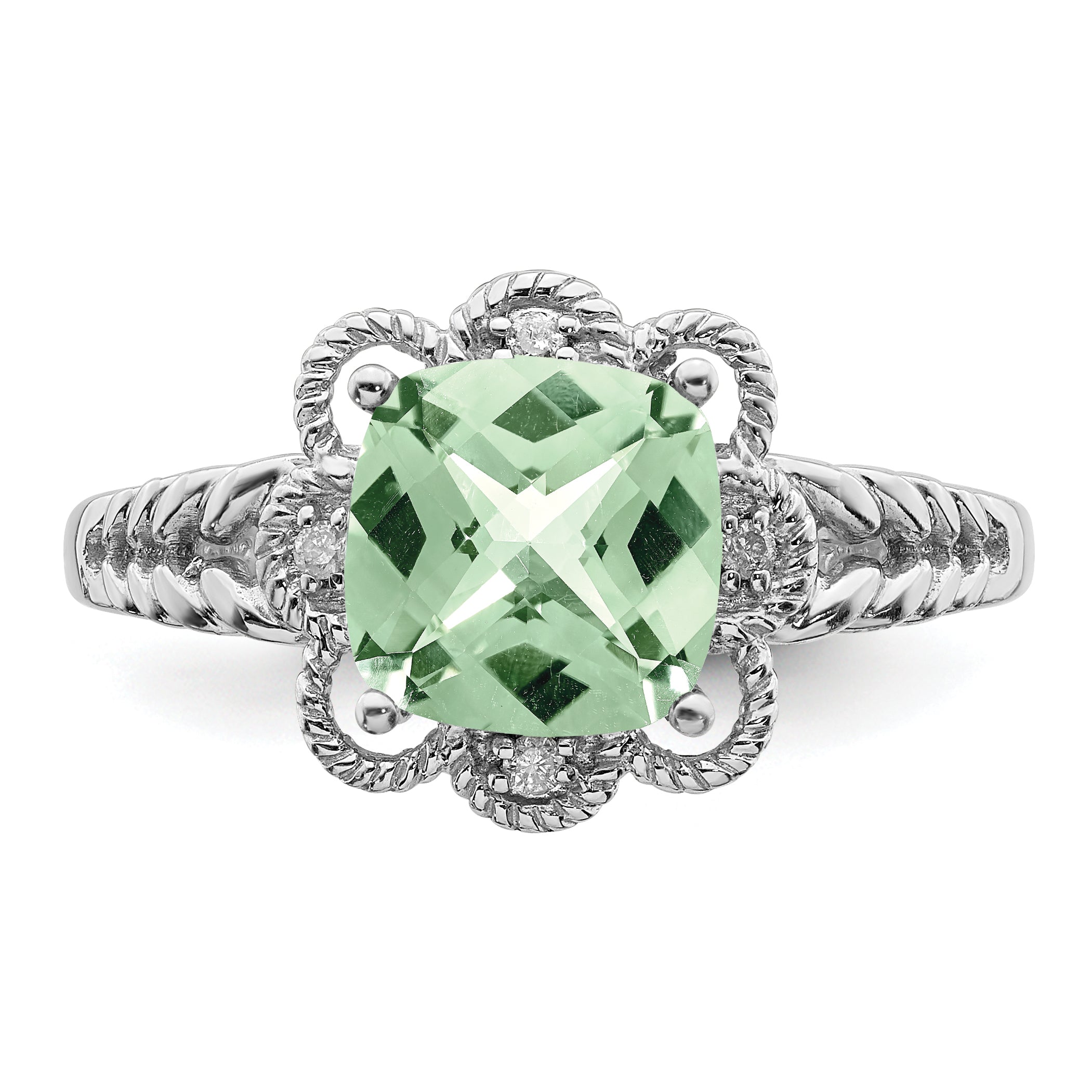 Sterling Silver Rhodium Checker-Cut Green Quartz & Diamond Ring