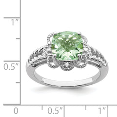 Sterling Silver Rhodium Checker-Cut Green Quartz & Diamond Ring