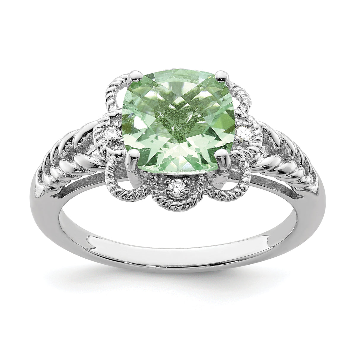 Sterling Silver Rhodium Checker-Cut Green Quartz & Diamond Ring