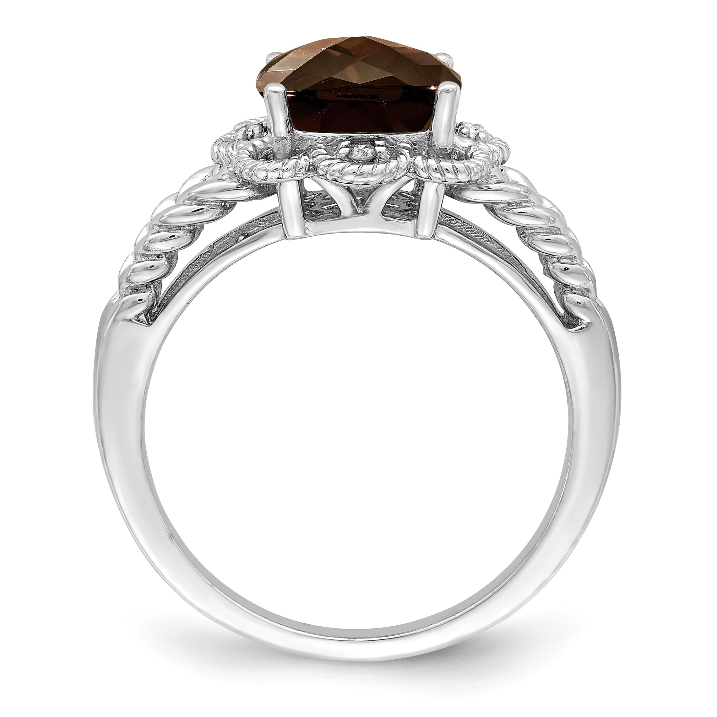 Sterling Silver Rhodium Checker-Cut Smoky Quartz & Diamond Ring