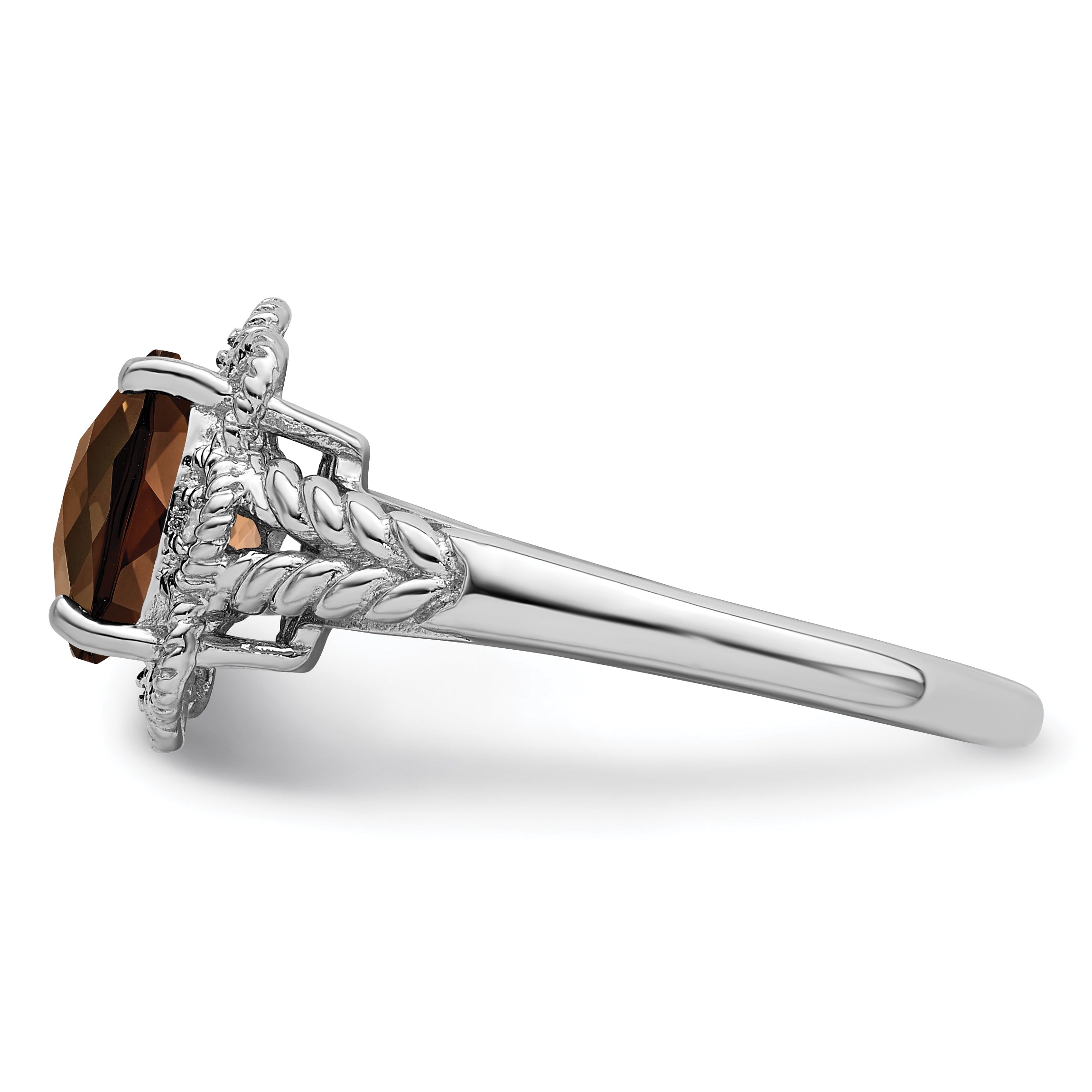 Sterling Silver Rhodium Checker-Cut Smoky Quartz & Diamond Ring