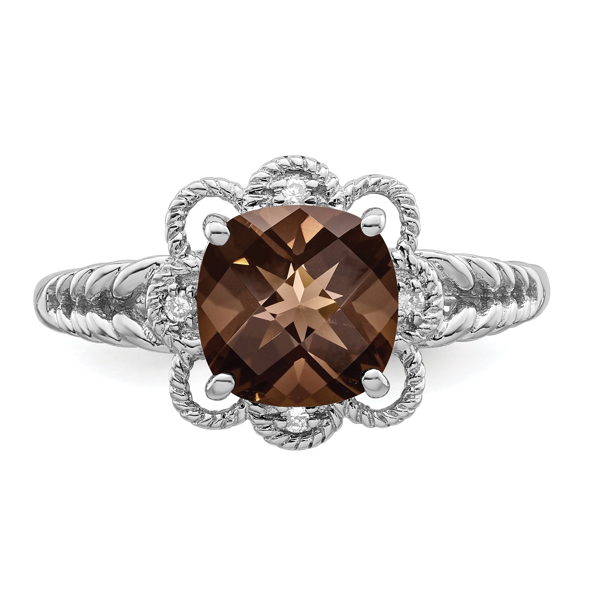 Sterling Silver Rhodium Checker-Cut Smoky Quartz & Diamond Ring