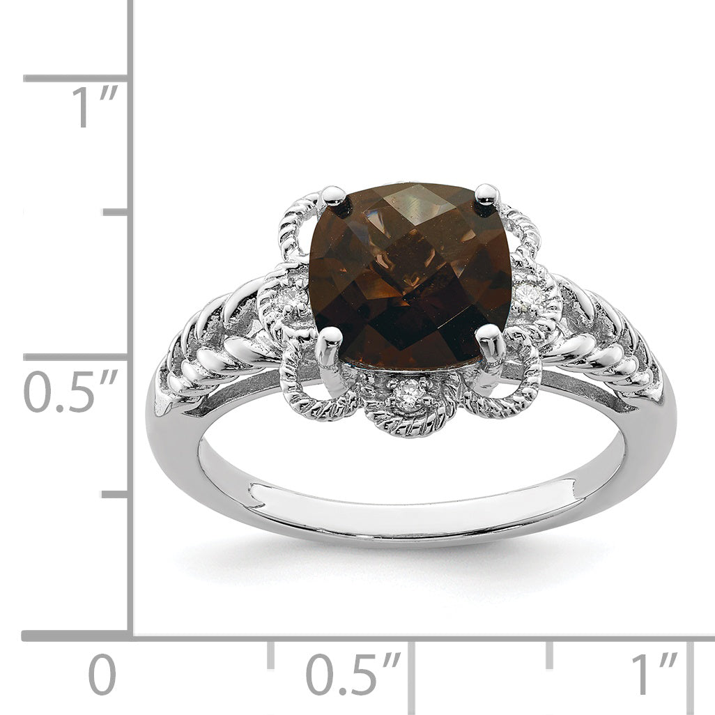 Sterling Silver Rhodium Checker-Cut Smoky Quartz & Diamond Ring