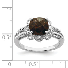 Sterling Silver Rhodium Checker-Cut Smoky Quartz & Diamond Ring