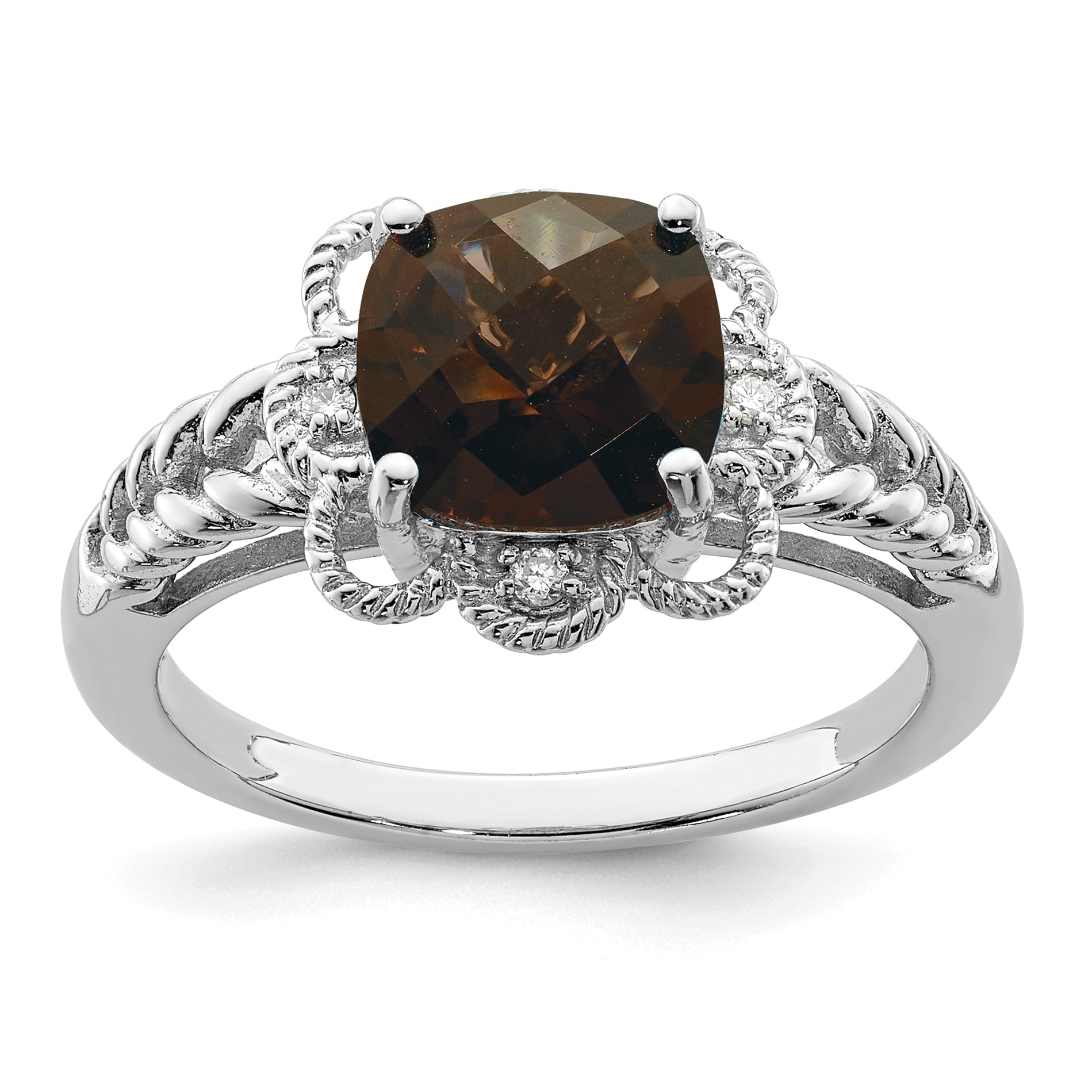 Sterling Silver Rhodium Checker-Cut Smoky Quartz & Diamond Ring