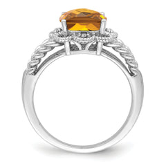 Sterling Silver Rhodium Checker-Cut Whiskey Quartz & Diamond Ring