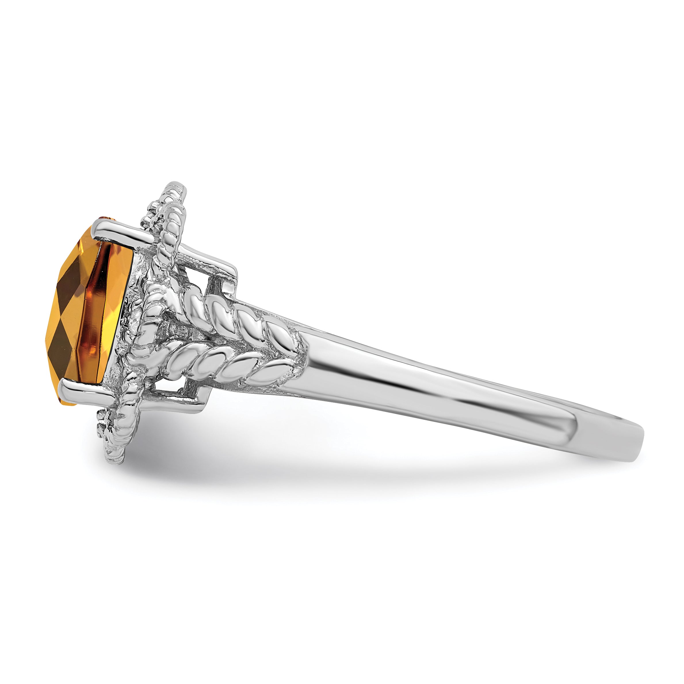 Sterling Silver Rhodium Checker-Cut Whiskey Quartz & Diamond Ring