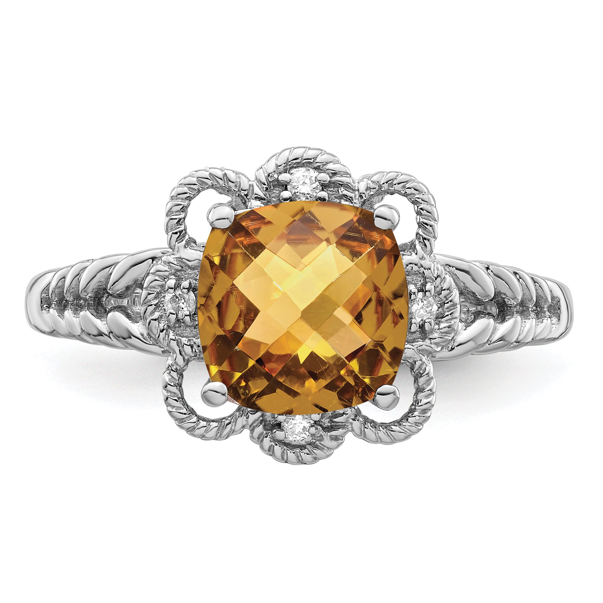 Sterling Silver Rhodium Checker-Cut Whiskey Quartz & Diamond Ring