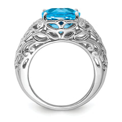 Sterling Silver Rhodium Swiss Blue Topaz & Diamond Ring