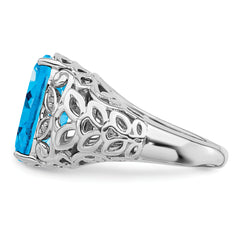 Sterling Silver Rhodium Swiss Blue Topaz & Diamond Ring