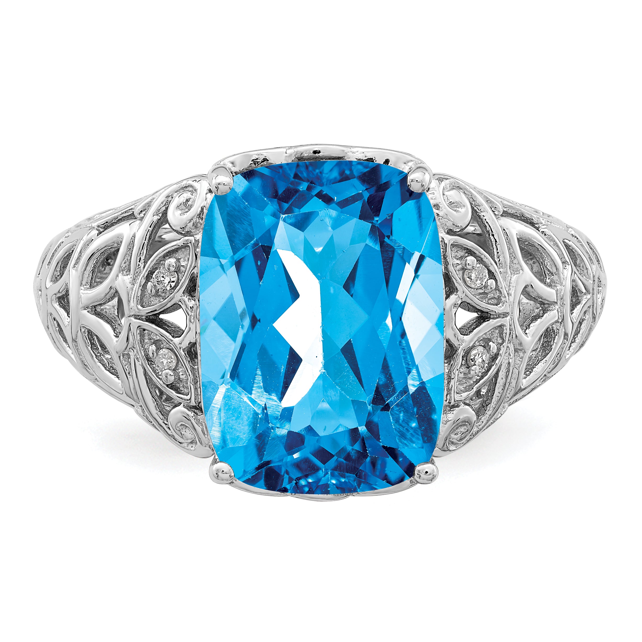 Sterling Silver Rhodium Swiss Blue Topaz & Diamond Ring