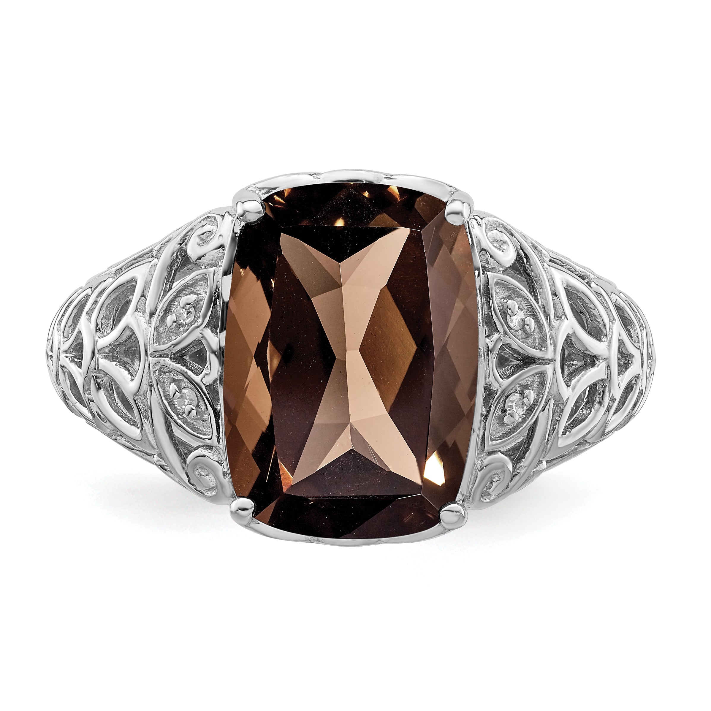 Sterling Silver Rhodium Smoky Quartz & Diamond Ring