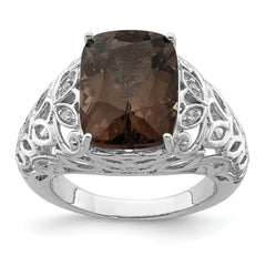 Sterling Silver Rhodium Smoky Quartz & Diamond Ring