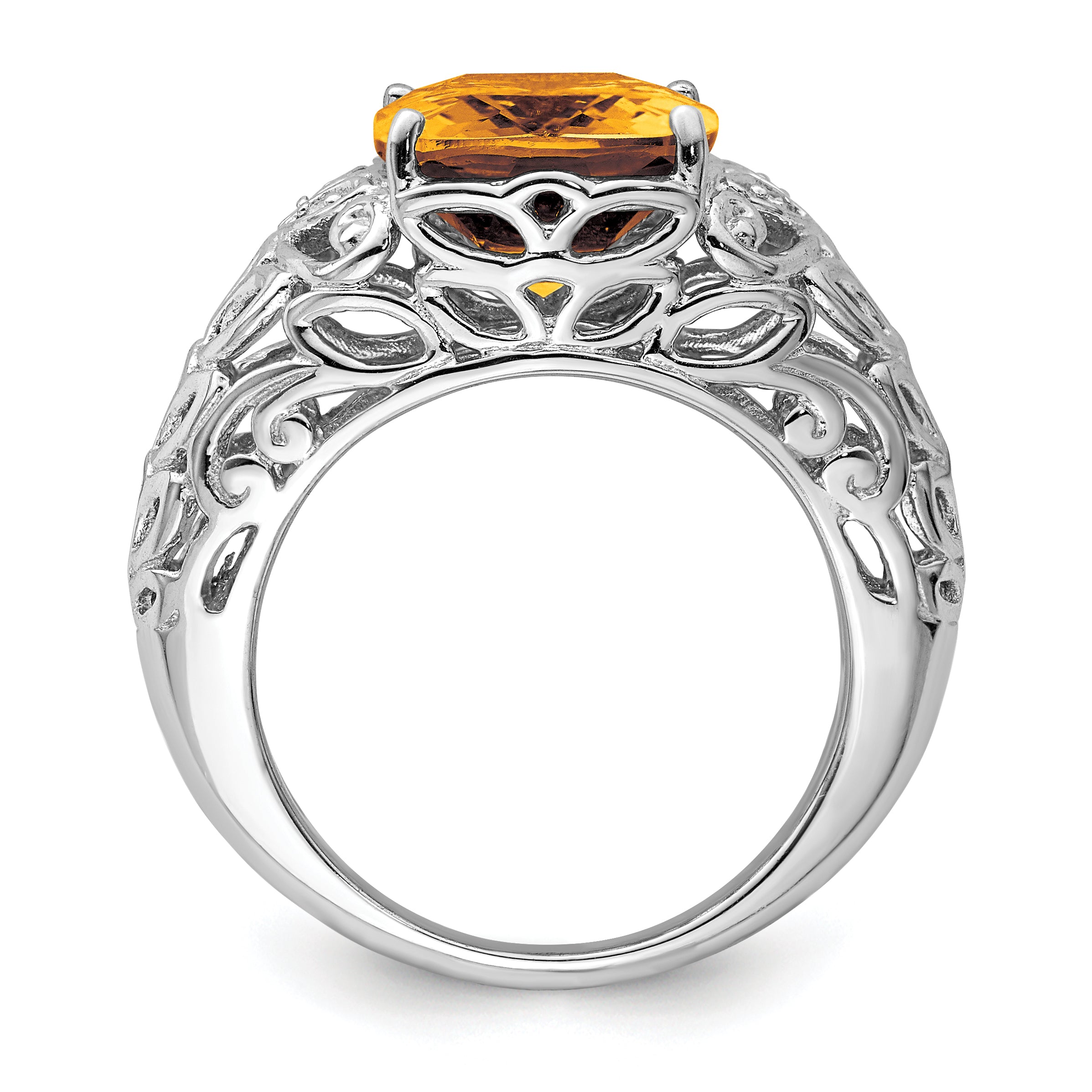 Sterling Silver Rhodium Whiskey Quartz & Diamond Ring