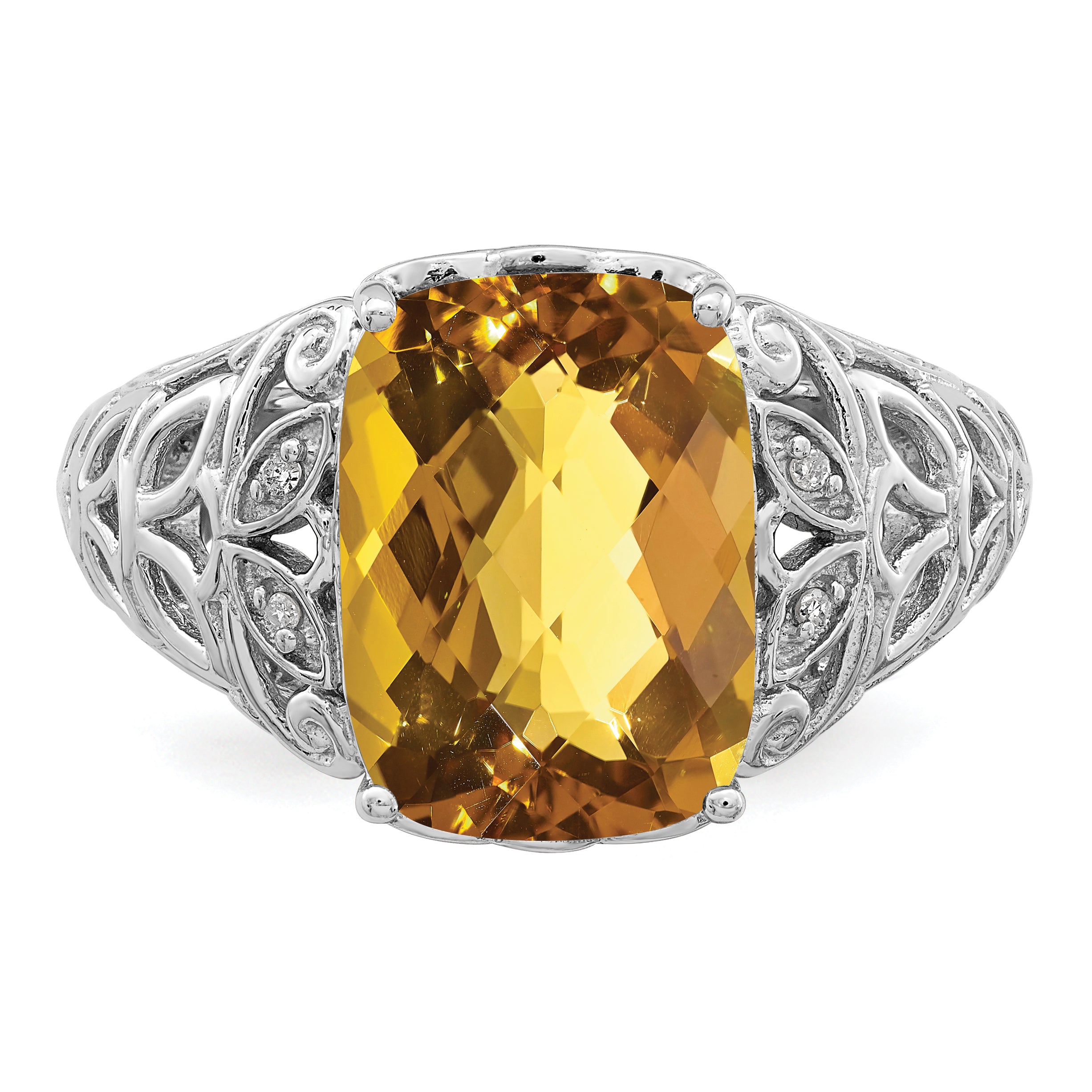 Sterling Silver Rhodium Whiskey Quartz & Diamond Ring