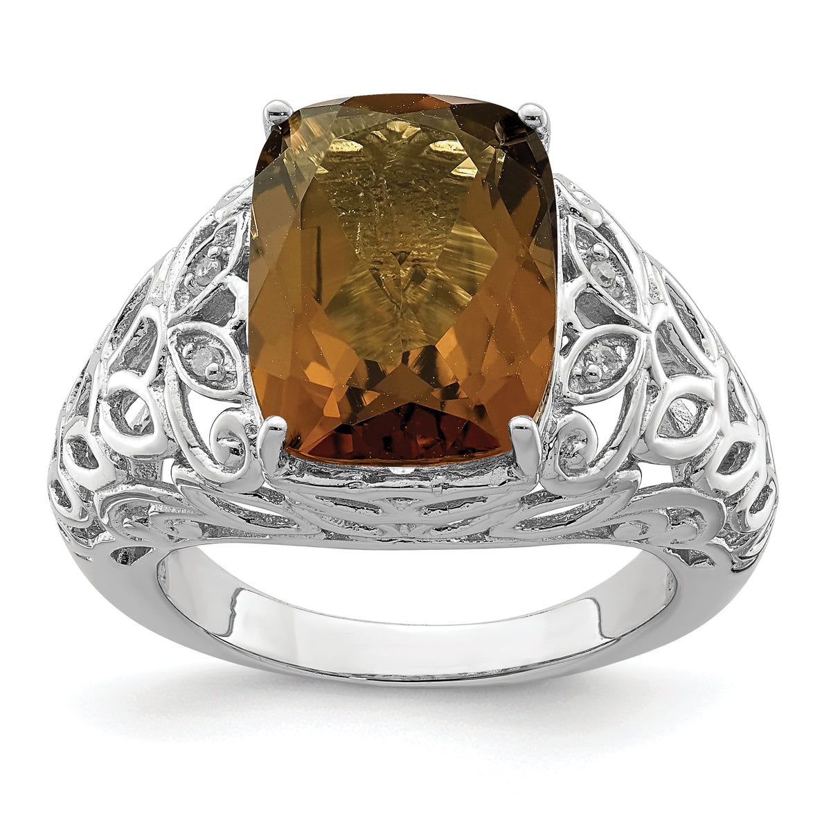 Sterling Silver Rhodium Whiskey Quartz & Diamond Ring