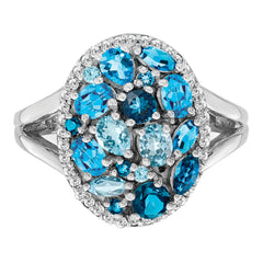 Sterling Silver Rhodium Light Swiss Blue Topaz & Diamond Ring