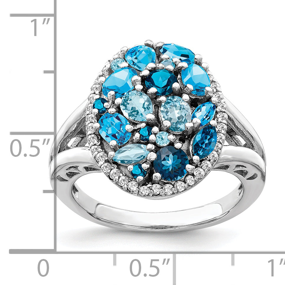 Sterling Silver Rhodium Light Swiss Blue Topaz & Diamond Ring