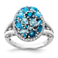 Sterling Silver Rhodium Light Swiss Blue Topaz & Diamond Ring