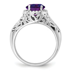 Sterling Silver Rhodium-plated Oval Amethyst & Diamond Ring