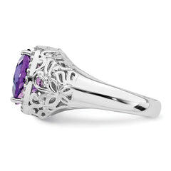 Sterling Silver Rhodium-plated Oval Amethyst & Diamond Ring