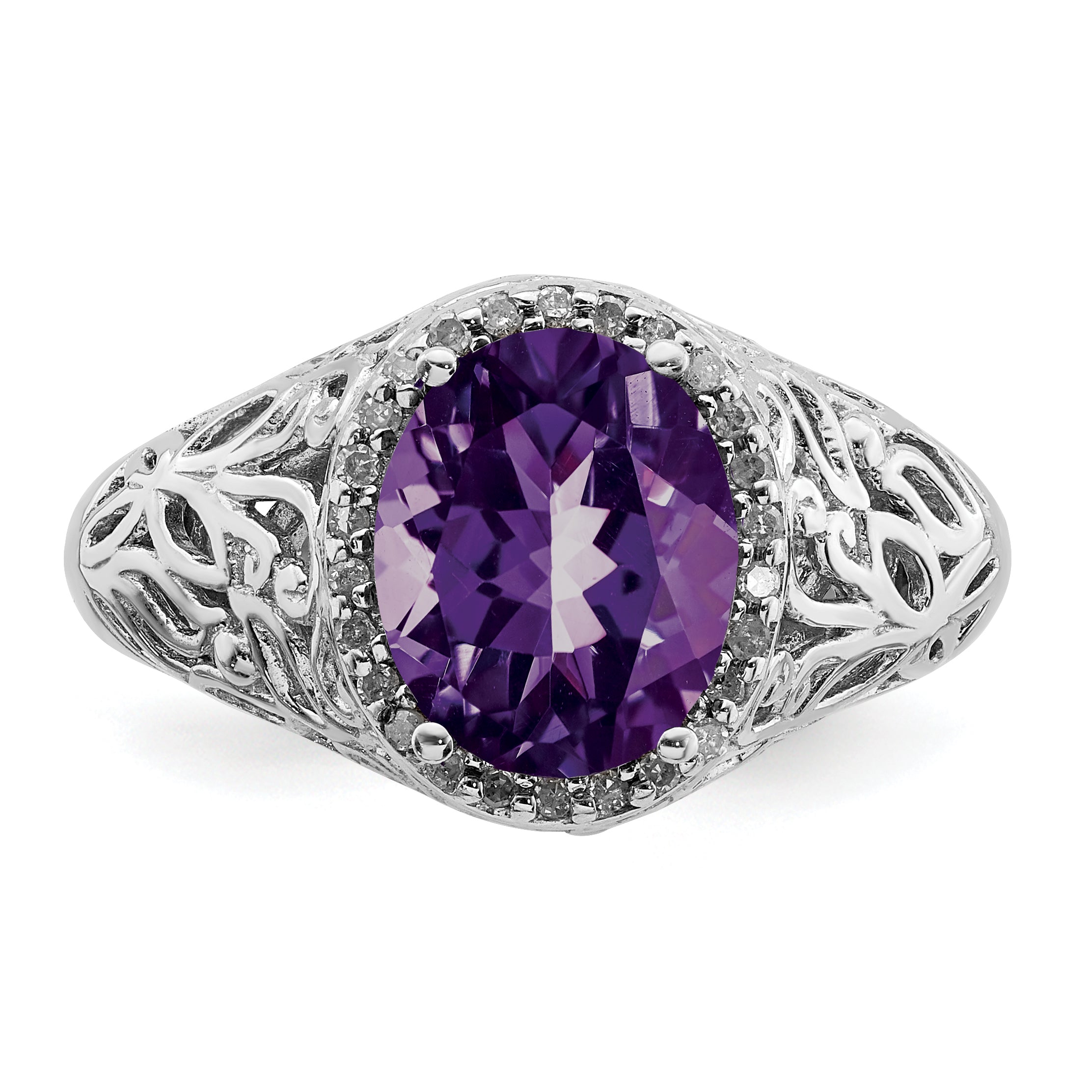 Sterling Silver Rhodium-plated Oval Amethyst & Diamond Ring