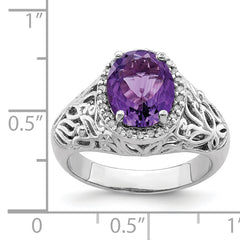 Sterling Silver Rhodium-plated Oval Amethyst & Diamond Ring