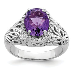 Sterling Silver Rhodium-plated Oval Amethyst & Diamond Ring