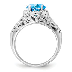 Sterling Silver Rhodium Oval Swiss Blue Topaz & Diamond Ring