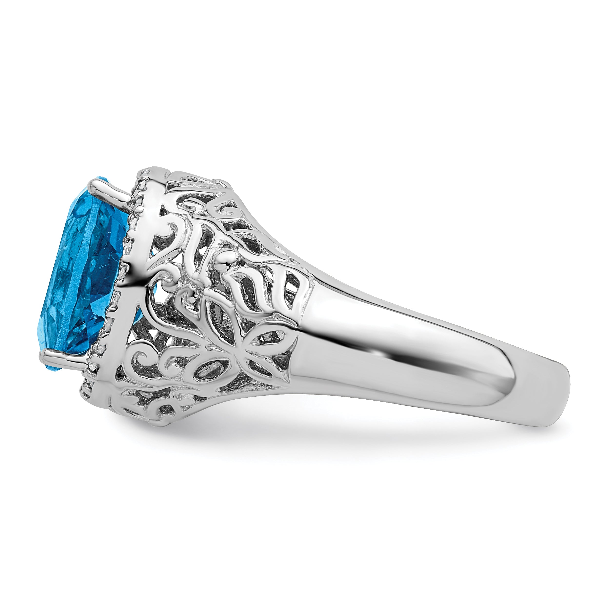 Sterling Silver Rhodium Oval Swiss Blue Topaz & Diamond Ring