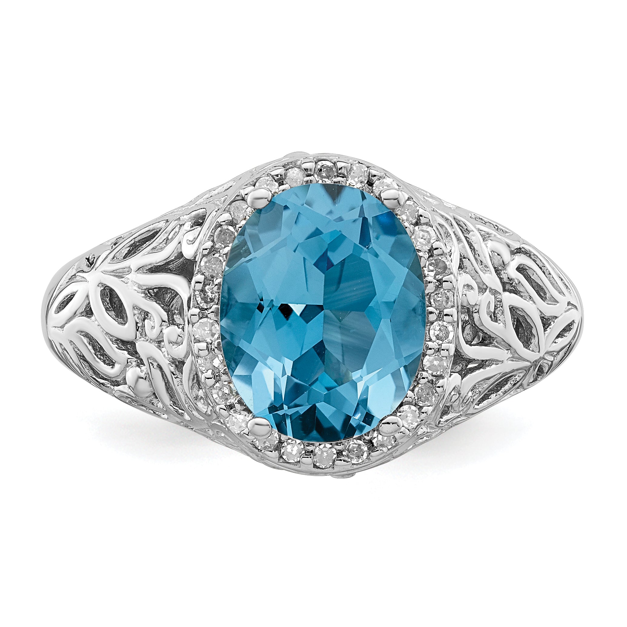 Sterling Silver Rhodium Oval Swiss Blue Topaz & Diamond Ring