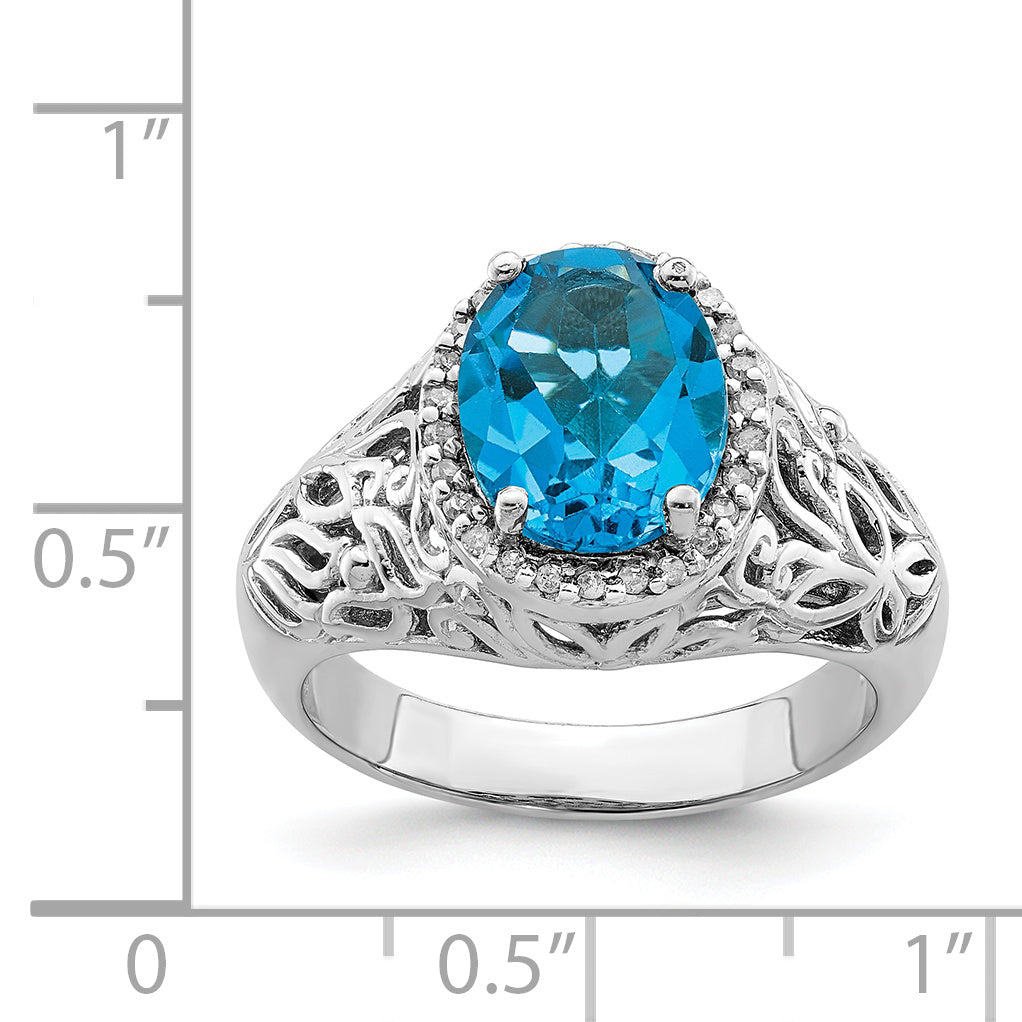 Sterling Silver Rhodium Oval Swiss Blue Topaz & Diamond Ring