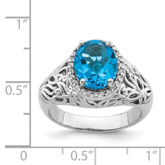 Sterling Silver Rhodium Oval Swiss Blue Topaz & Diamond Ring