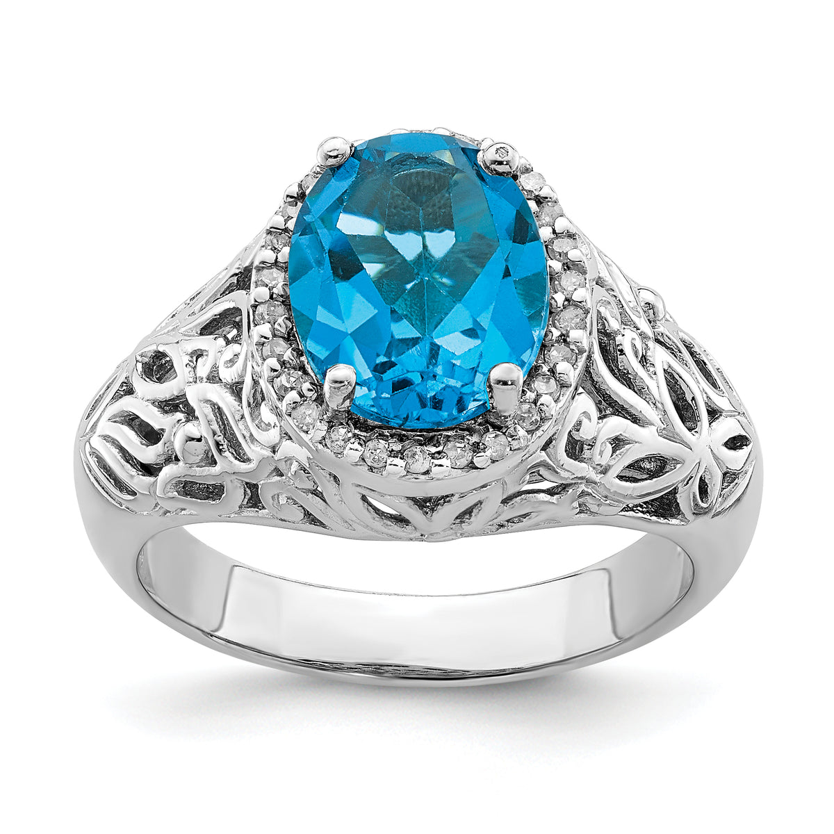 Sterling Silver Rhodium Oval Swiss Blue Topaz & Diamond Ring