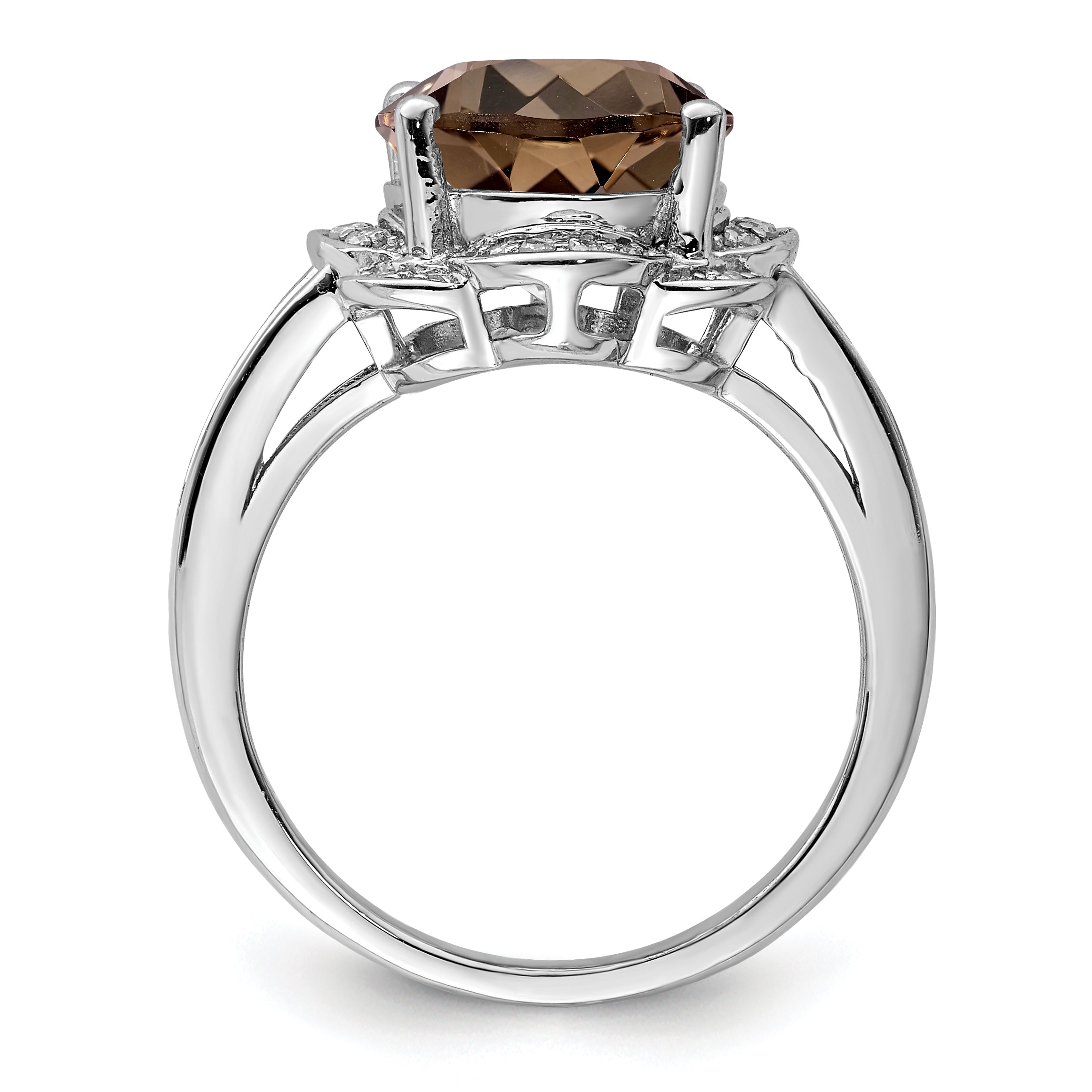 Sterling Silver Rhodium Oval Smoky Quartz & Diamond Ring