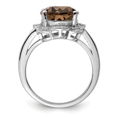 Sterling Silver Rhodium Oval Smoky Quartz & Diamond Ring