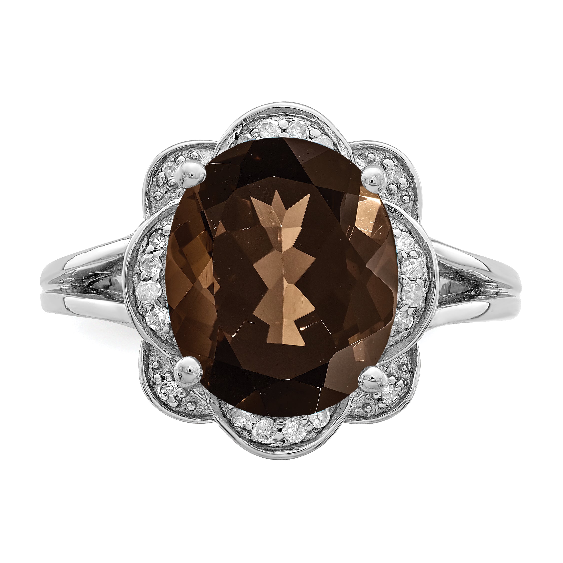 Sterling Silver Rhodium Oval Smoky Quartz & Diamond Ring