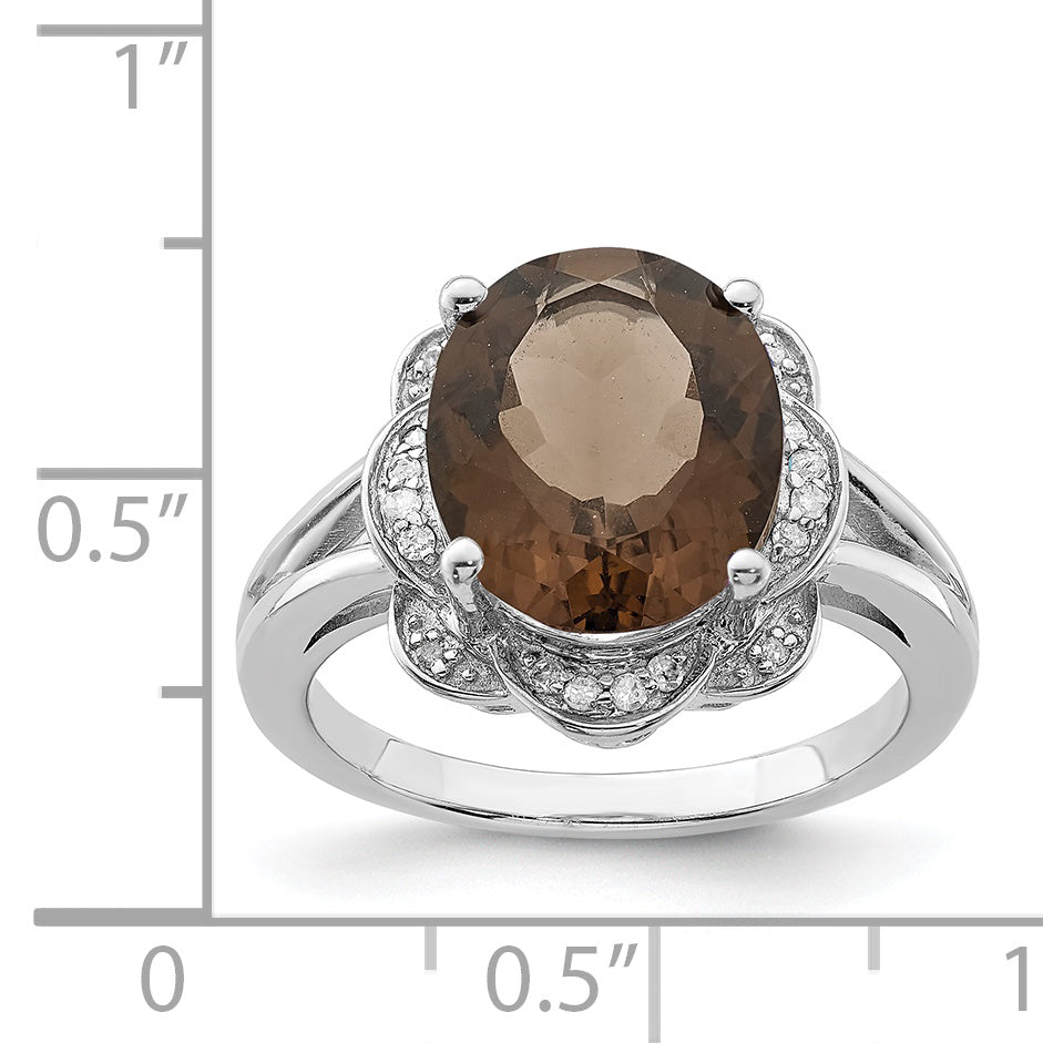 Sterling Silver Rhodium Oval Smoky Quartz & Diamond Ring