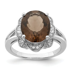 Sterling Silver Rhodium Oval Smoky Quartz & Diamond Ring