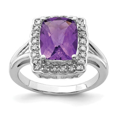 Sterling Silver Rhodium-plated Checker-Cut Amethyst & Diamond Ring