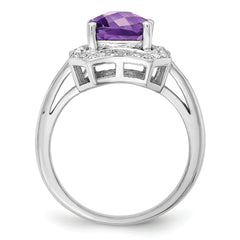 Sterling Silver Rhodium-plated Checker-Cut Amethyst & Diamond Ring