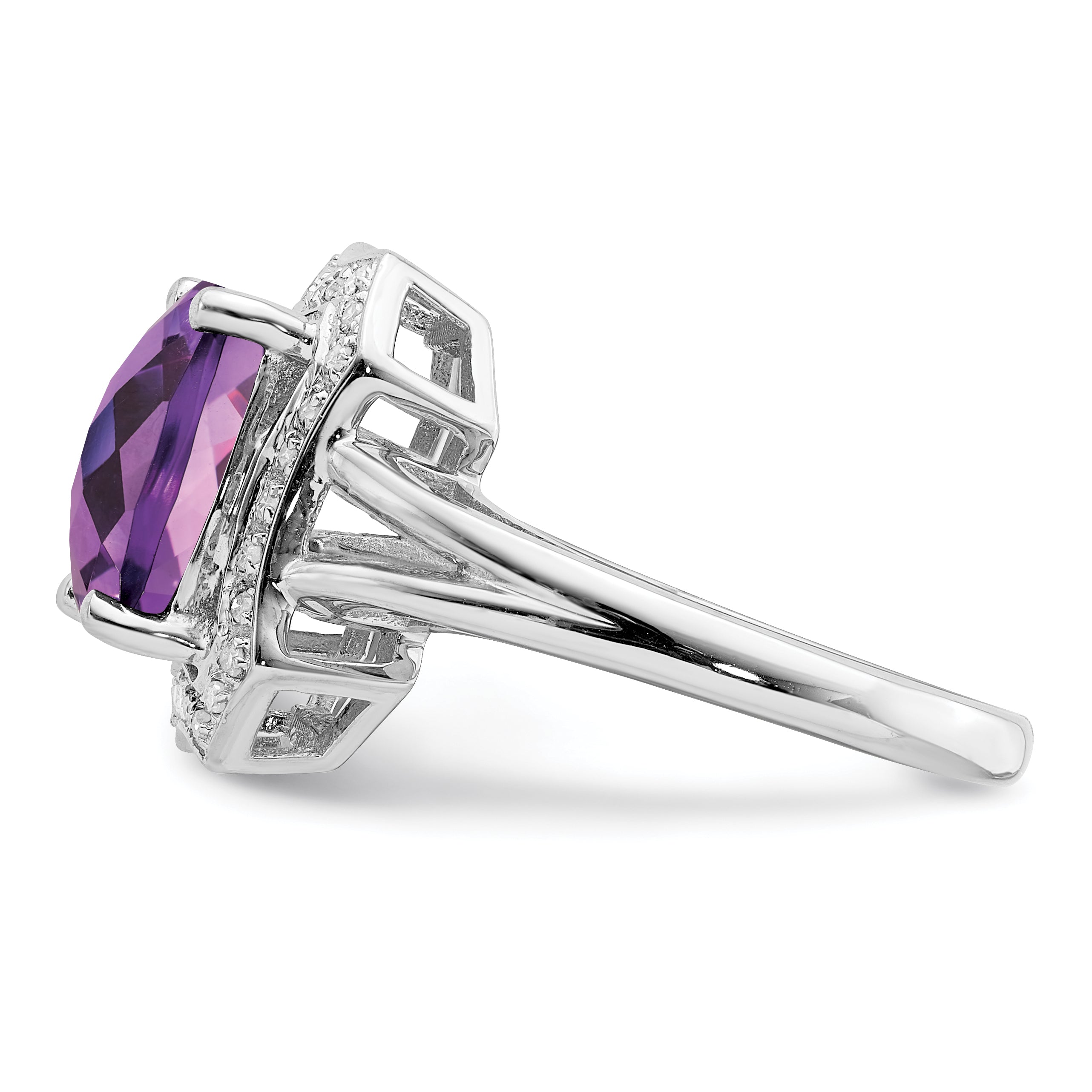 Sterling Silver Rhodium-plated Checker-Cut Amethyst & Diamond Ring