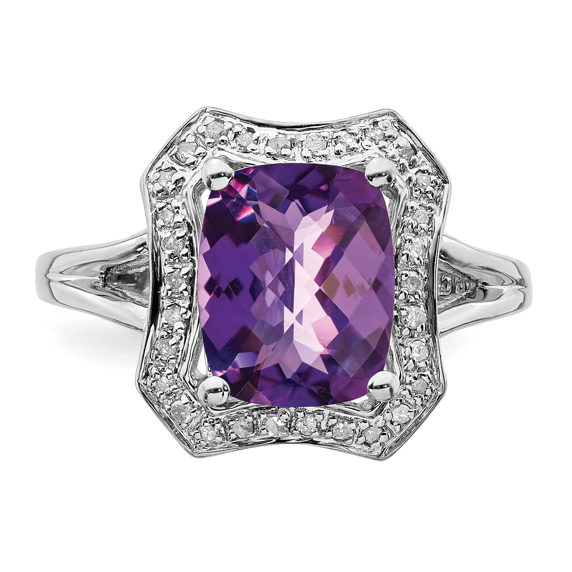 Sterling Silver Rhodium-plated Checker-Cut Amethyst & Diamond Ring