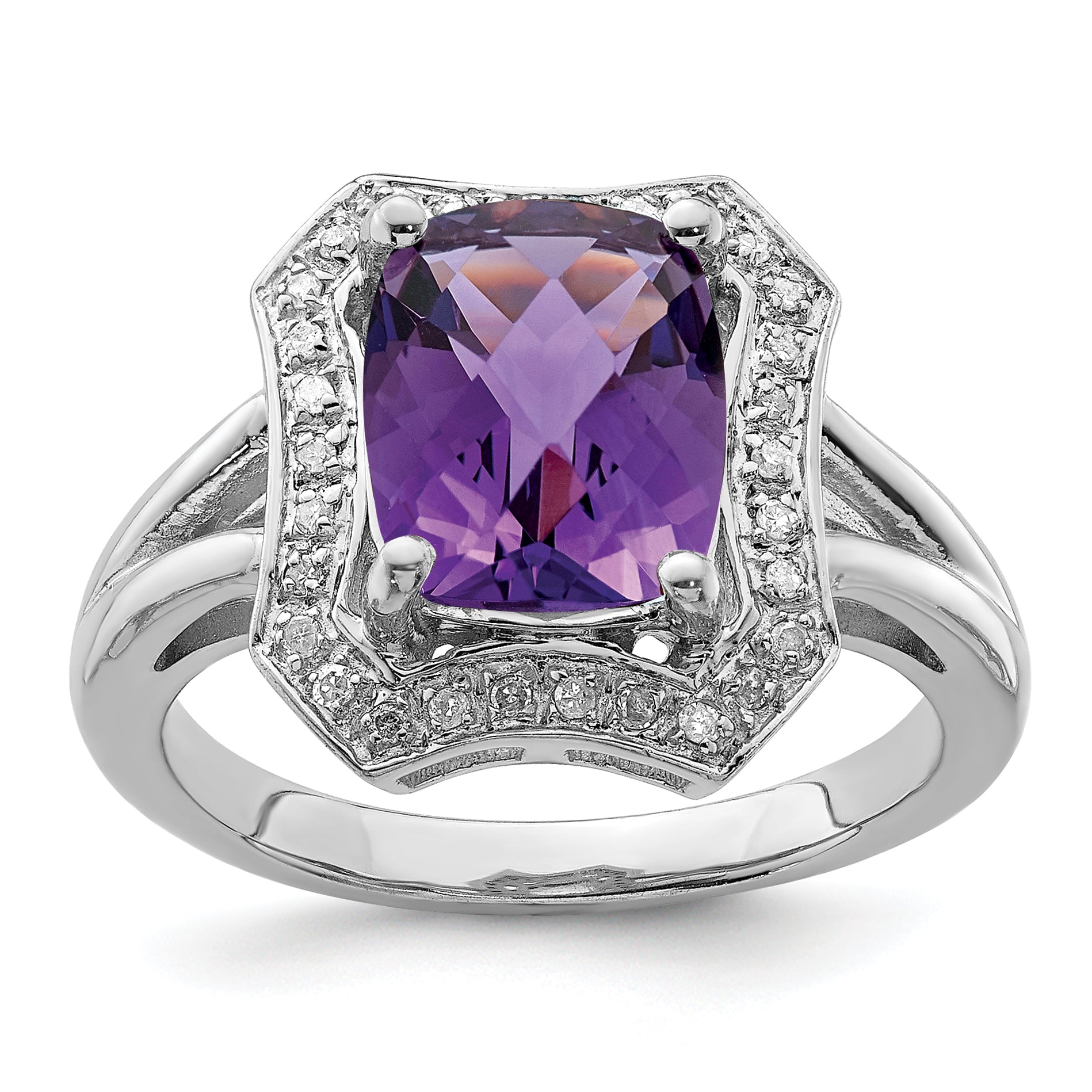 Sterling Silver Rhodium-plated Checker-Cut Amethyst & Diamond Ring