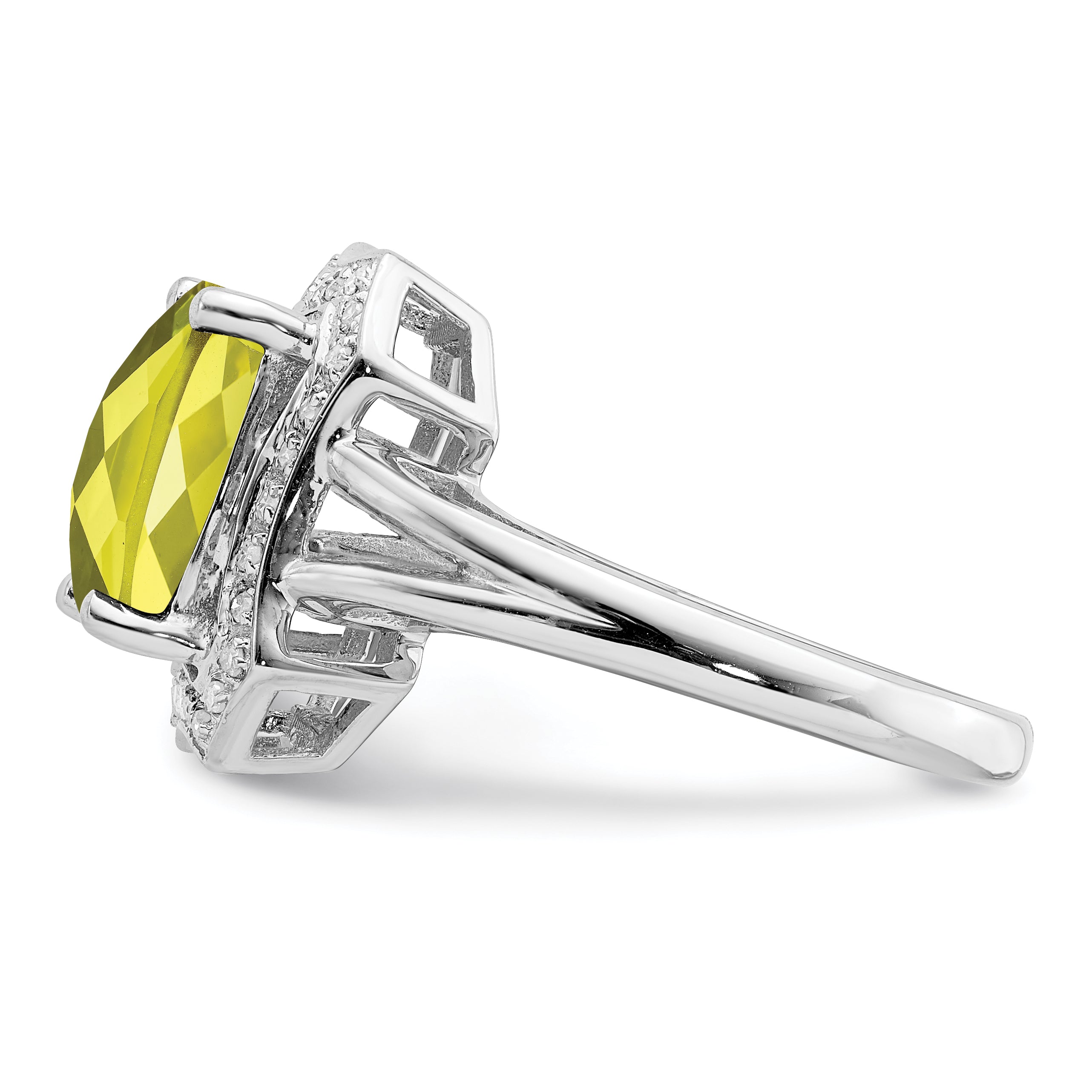 Sterling Silver Rhodium Checker-Cut Lemon Quartz & Diamond Ring