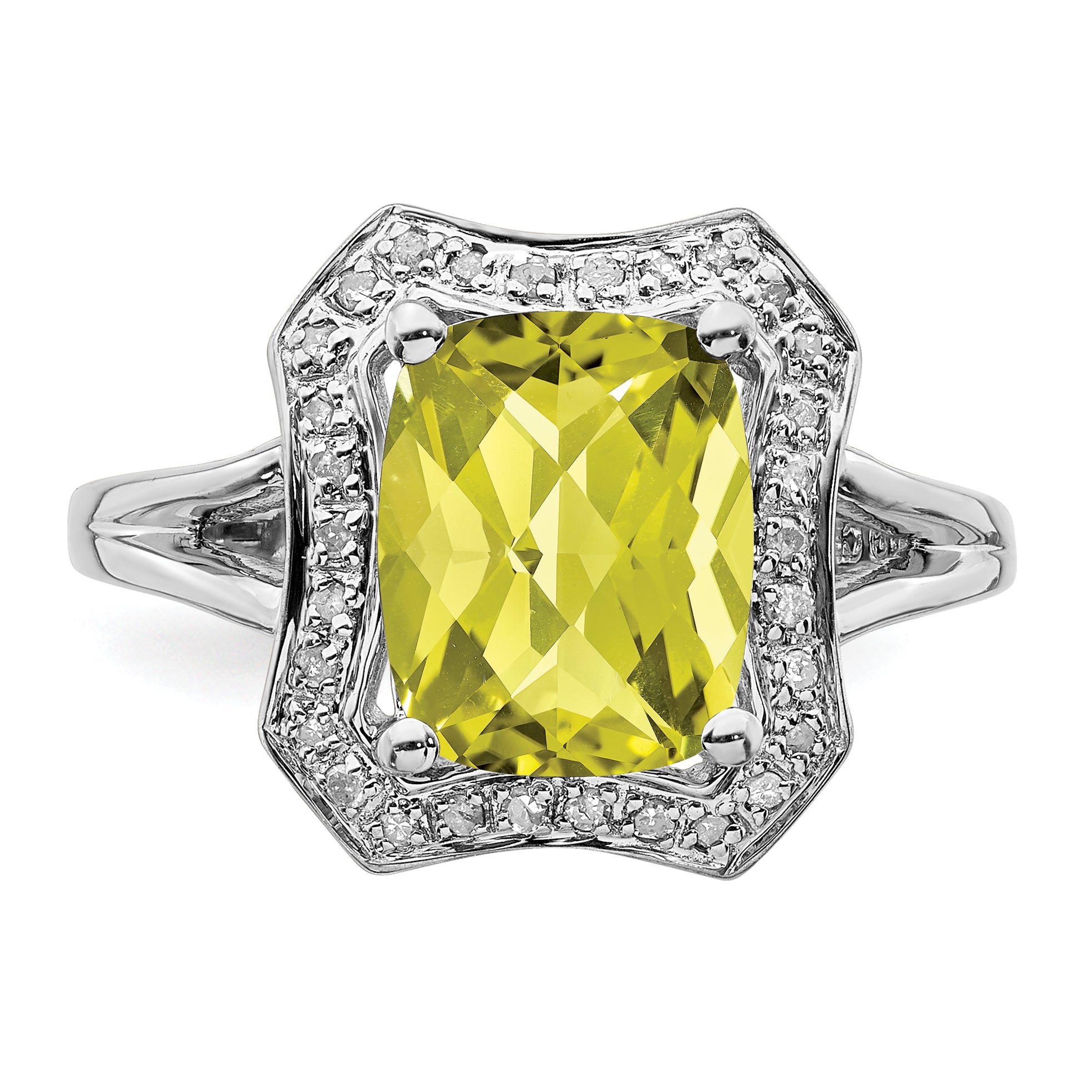 Sterling Silver Rhodium Checker-Cut Lemon Quartz & Diamond Ring